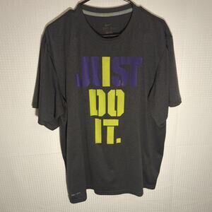 Nike Dri-Fit XL Gray Just Do It Tee Mens Purple Yellow Block Graphic Shirt